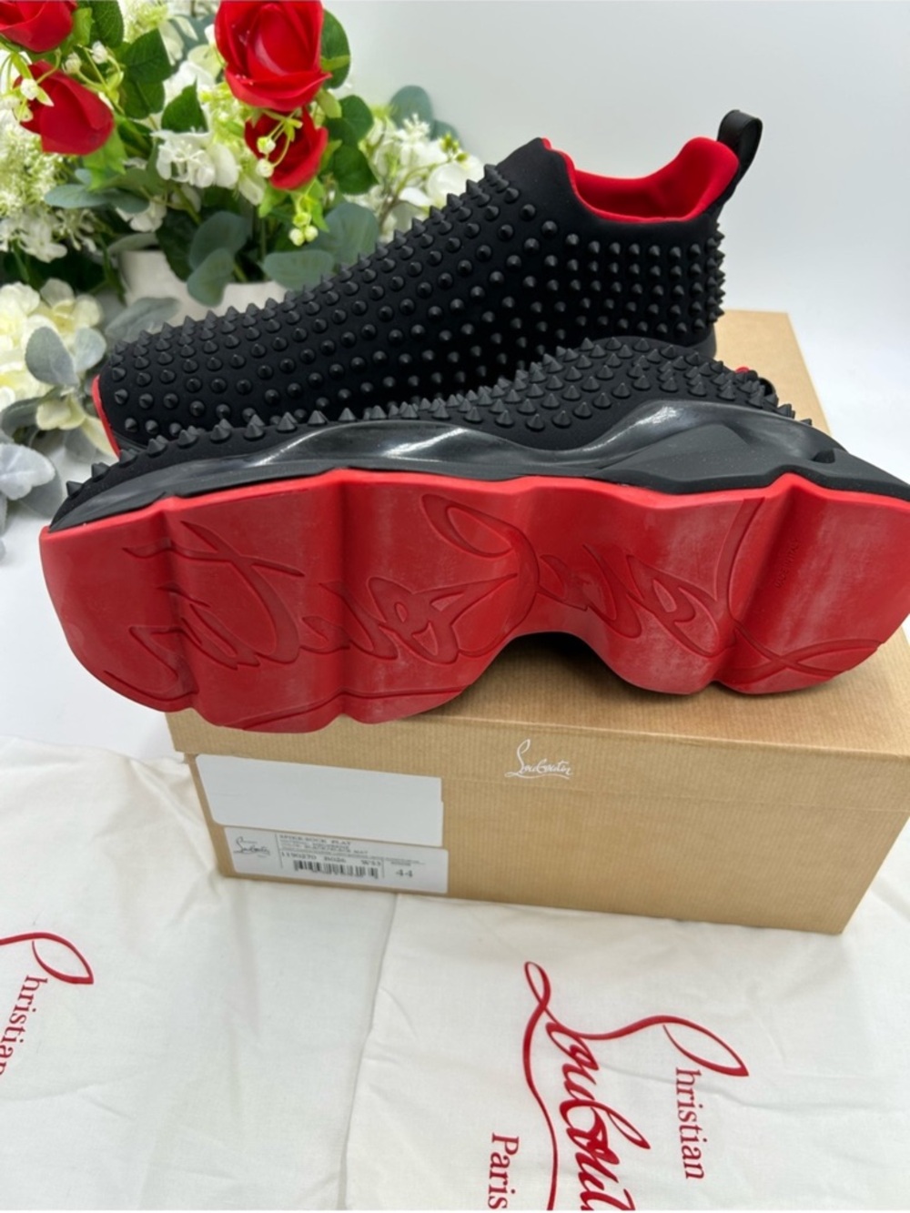 Men’s Christian Louboutin, black spike sock sneaker size 44 made in Italy - Picture 6 of 10